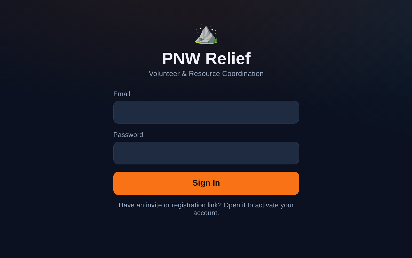 PNW Relief app — volunteer & resource coordination sign-in screen